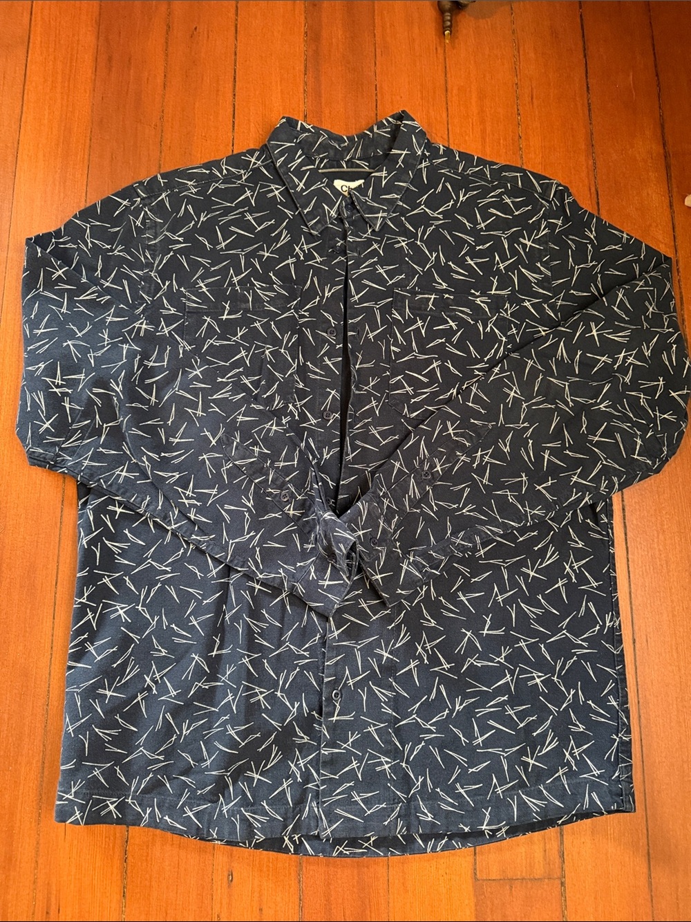 Casual Navy Button-Down Shirt with Light Geometric Print